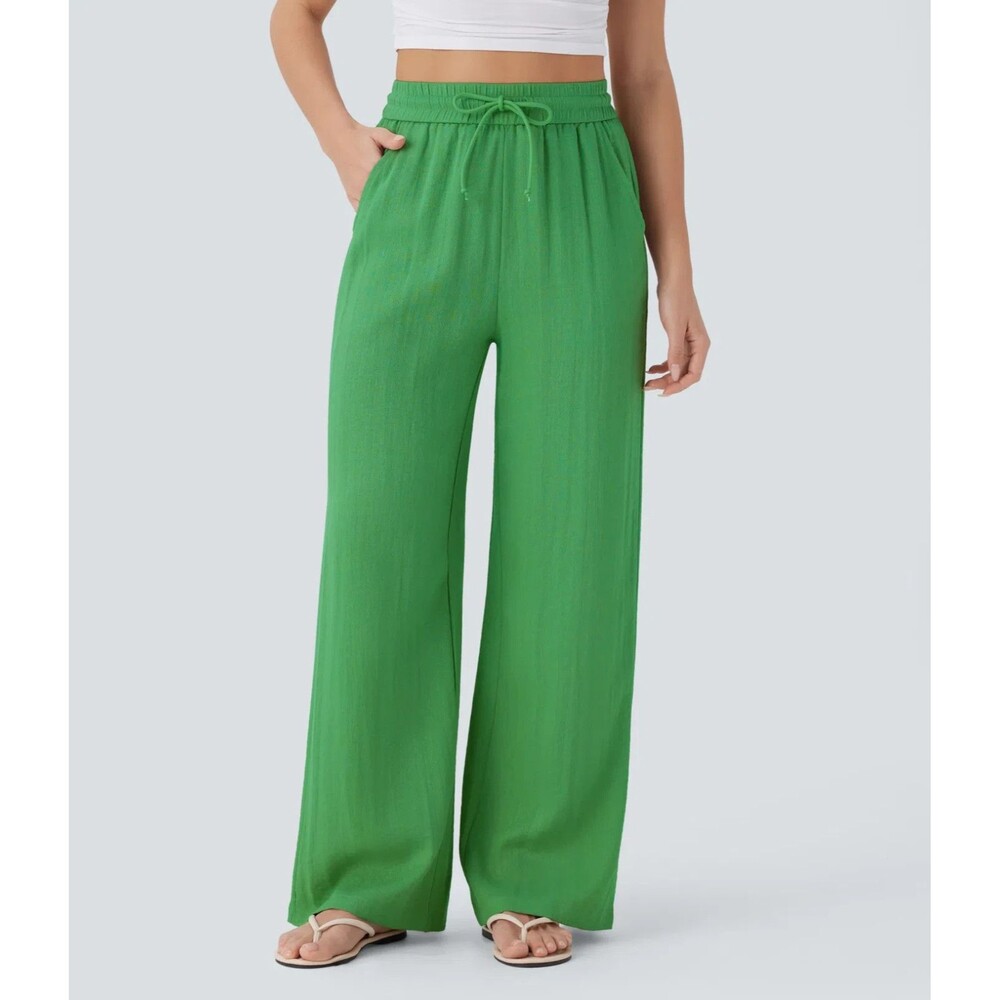 Halara Drawstring Wide Leg Baggy Linen-Feel Pants Womens S Green Pull On NEW